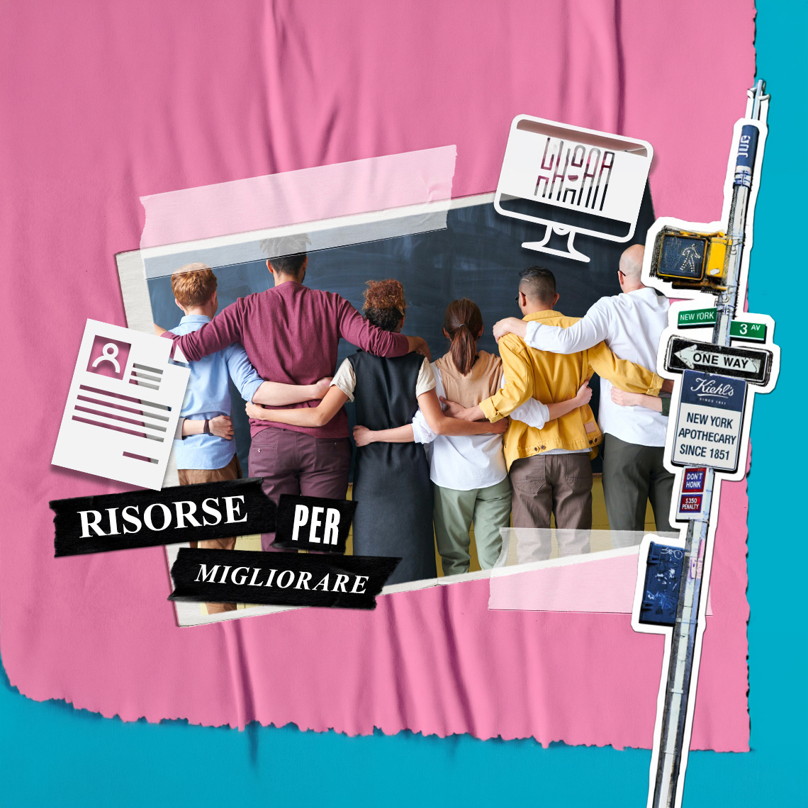 Gruppo di persone diverse si abbracciano di spalle. Collage con testo "Risorse per migliorare". Branding Kiehl's.