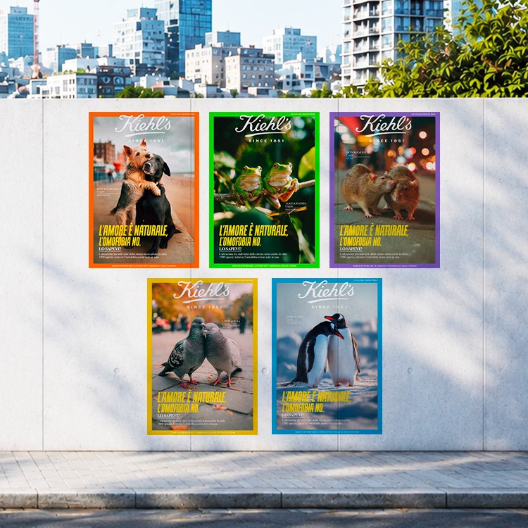 	Cinque poster Kiehl's Pride con coppie di animali e testo "L'amore &egrave; naturale, l'omofobia no." Su muro urbano.