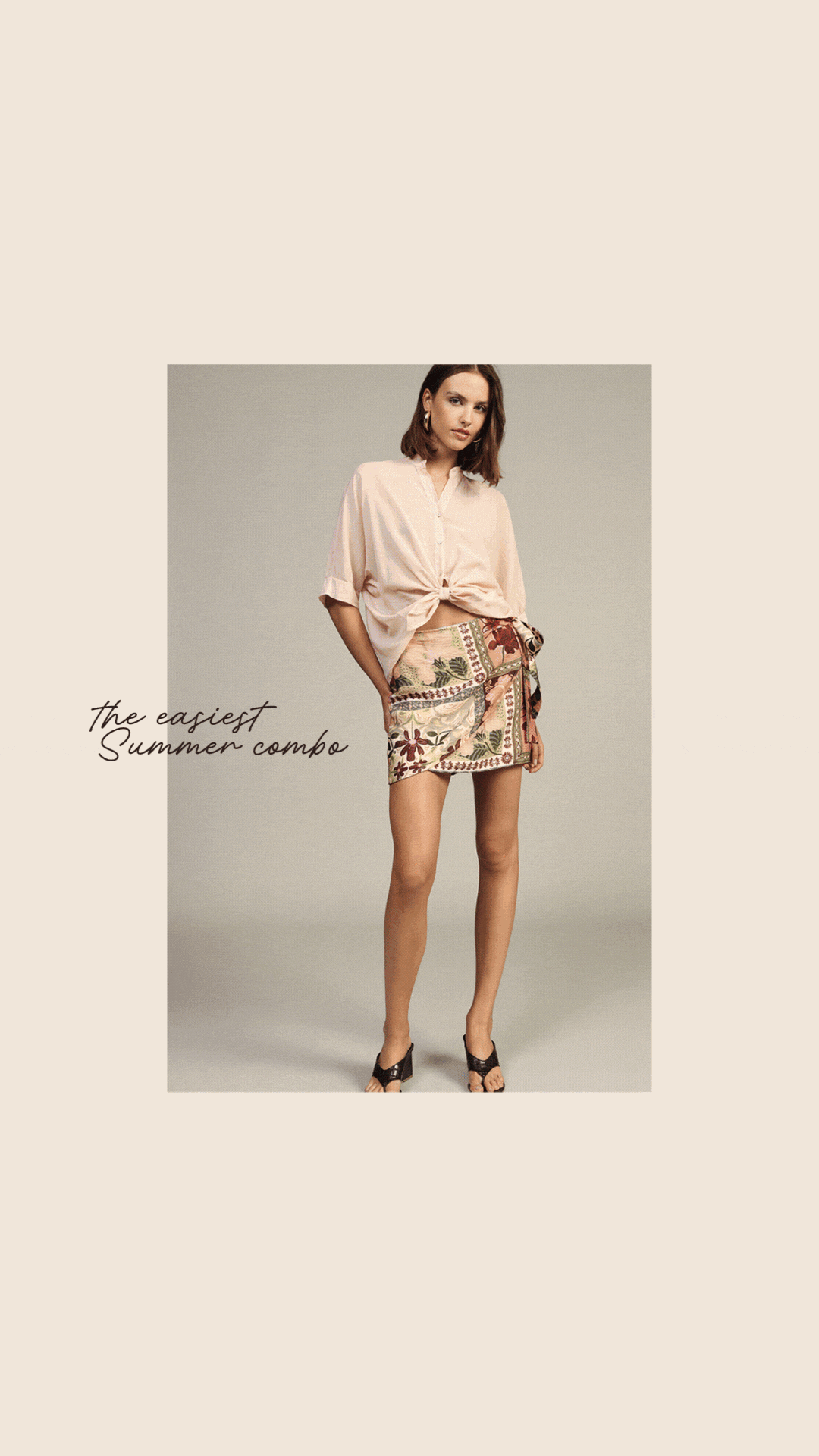 Collage of nine photos showing models in patterned skirts and striped blouses on a neutral background — chic mixed-print women's outfits