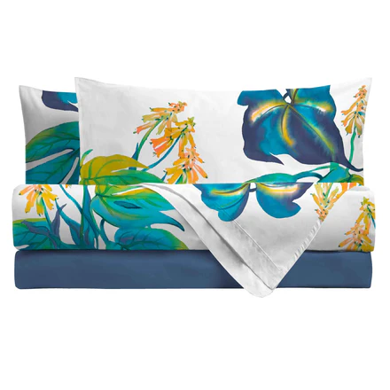 Completo Letto Copriletto Matrimoniale in Cotone con Stampa Digitale - Fantasia Dominica Blu