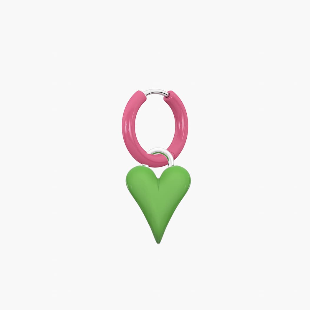 Orecchino a cerchio ONLY FUN&nbsp;smaltato rosa con ciondolo smaltato verde&nbsp;CUORE MATTO