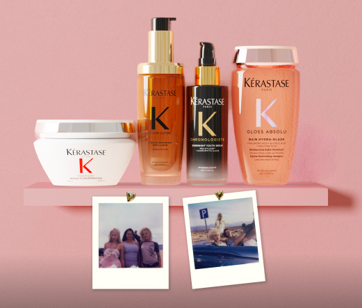 La maschera Premi&egrave;re, l'olio Elixir Ultime, il siero da notte Chronologiste e il bagno Hydra-Glaze, circondati da polaroid delle nostre muse in vacanza.
