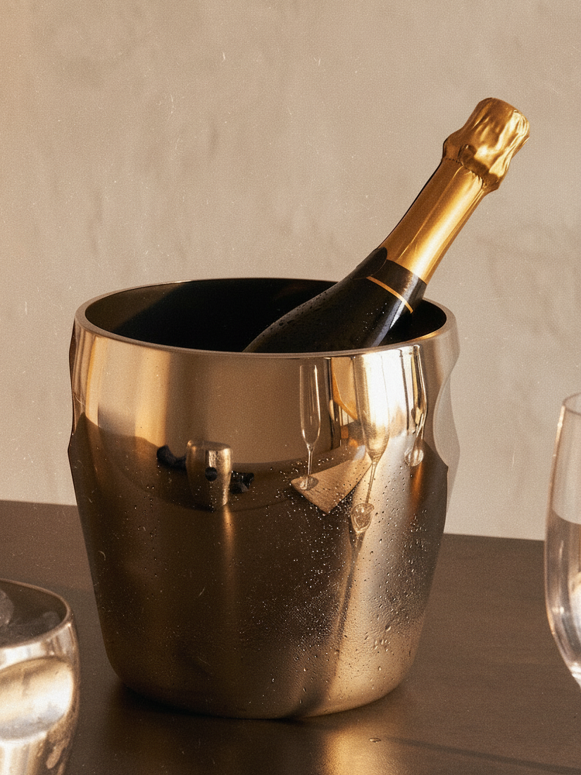 A bottle of champagne chills in a gold ice bucket with condensation.