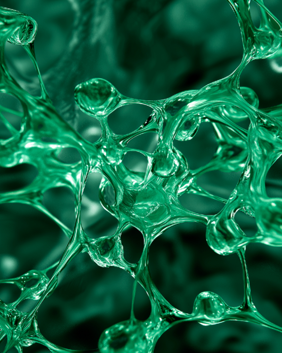 Viste microscopiche dei principi attivi: cellule di [EXO]Samphires e rete molecolare di peptidi.