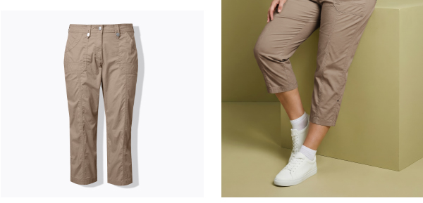 Cargo 7/8 con linguetta per risvolto sulla gamba, indossabile anche come capri. Taglio casual a quattro tasche, fascia elastica sul retro con passanti, bottone e zip.