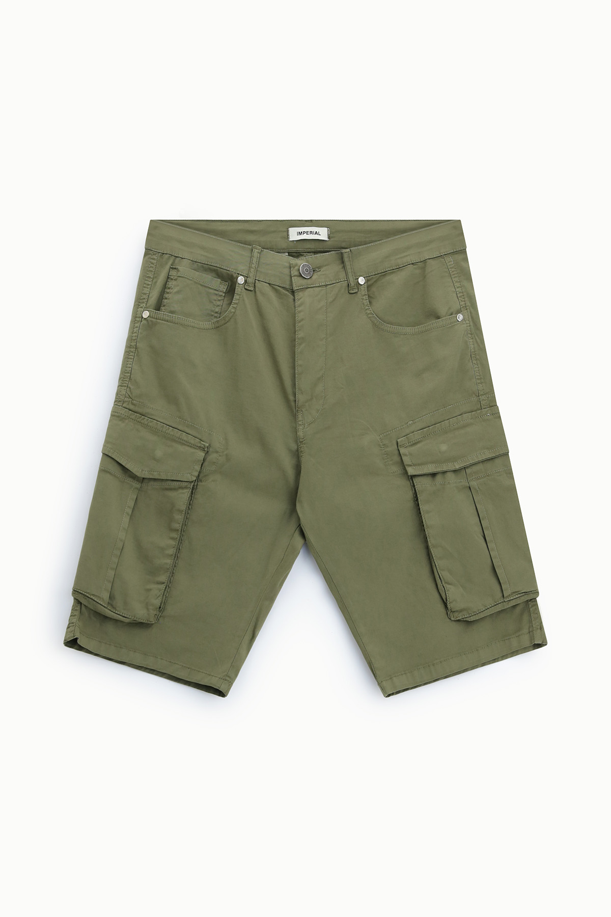 Olive green men's cargo shorts with multiple flap pockets, button waist and knee-length fit