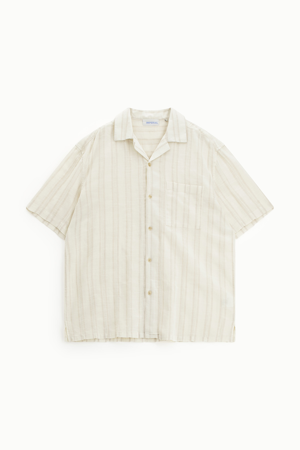 Cream short-sleeve button-up shirt with subtle vertical stripes and front chest pocket, laid flat on white background