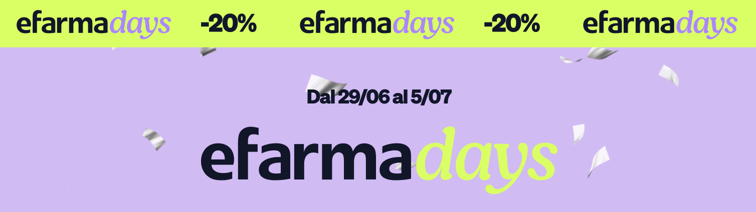 Promotional banner for 'efarma days' sale — 20% off, 29 June to 5 July, lavender background with confetti