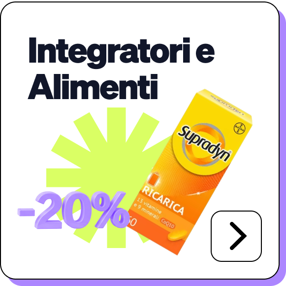 Yellow Supradyn supplement box with -20% discount graphic, 'Integratori e Alimenti' heading and a right arrow call-to-action