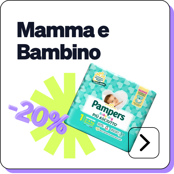 Pampers Baby-Dry newborn nappies pack with -20% discount graphic beside Italian 'Mamma e Bambino' heading