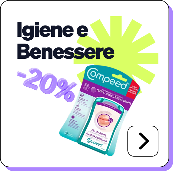 Compeed transparent cold sore patches pack with yellow starburst, 'Igiene e Benessere' text and -20% discount