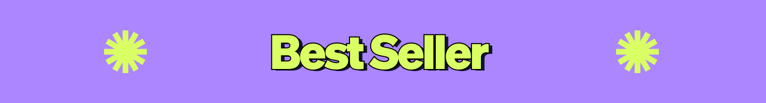 Purple promotional banner displaying the words 'Best Seller' twice with repeating yellow sunburst icons