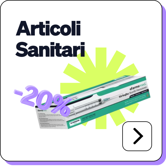 Promotional banner: boxed sterile syringe for medical supplies, purple “-20%” discount badge, 'Articoli Sanitari' heading and forward arrow
