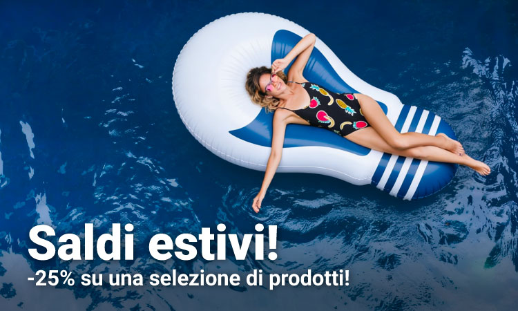 Woman in a patterned swimsuit on a blue-and-white inflatable float in a pool, overhead view