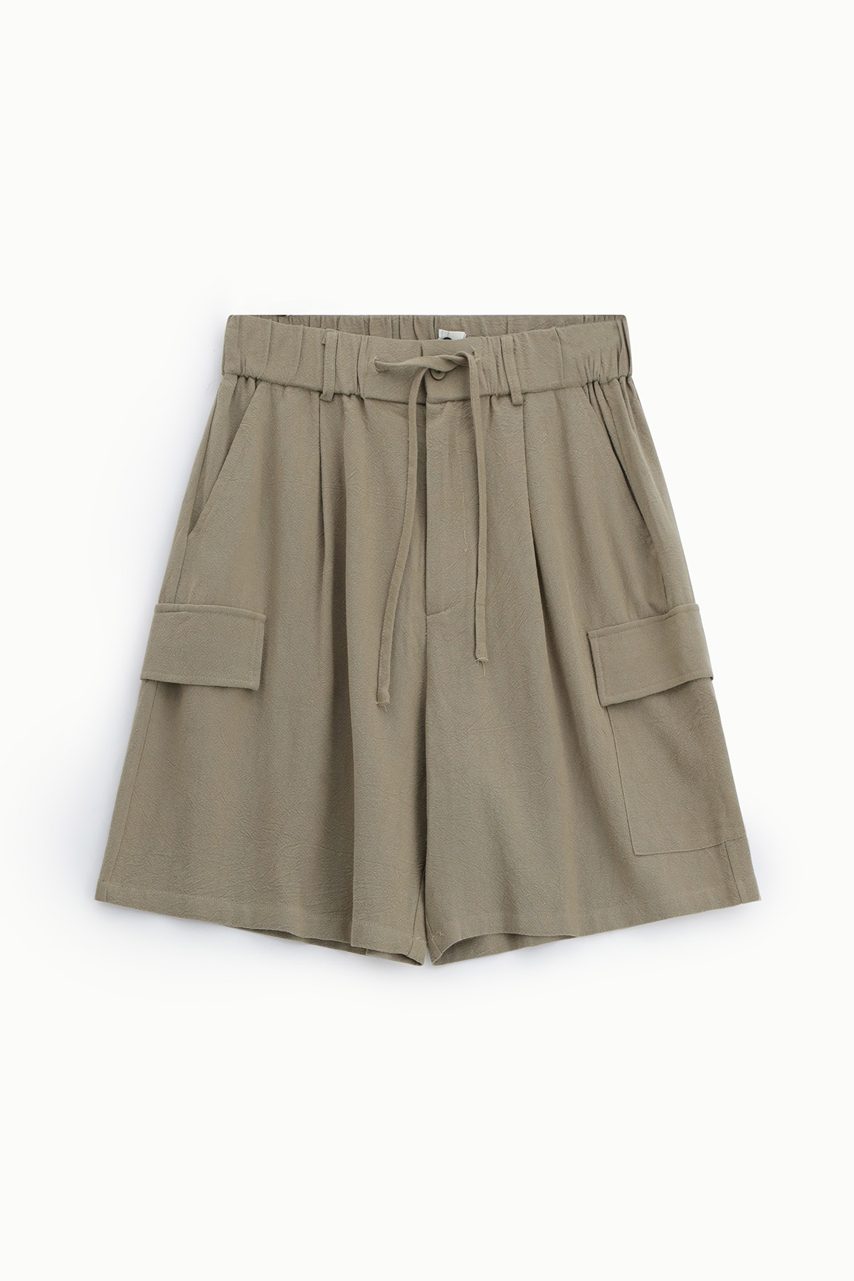 Khaki women's high-waisted drawstring cargo shorts with elastic waistband, front pleats and flap side pockets on white background