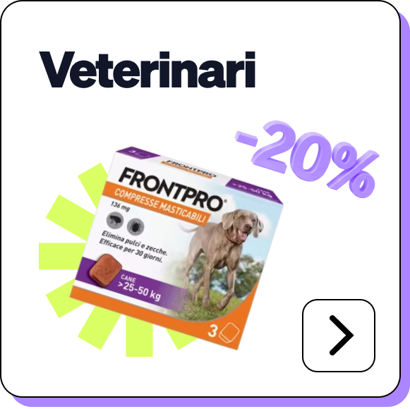 Frontpro chewable flea and tick treatment for dogs 25–50 kg box (3 doses), 20% off promotional tile with 'Veterinari' header