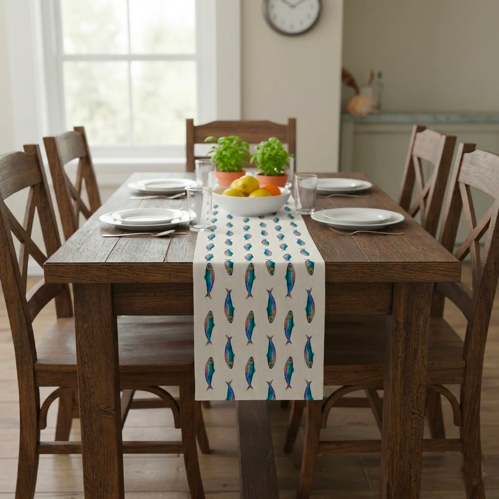 Image of Runner in Raso di Cotone <br>Fantasia Marina - <b>Sardine