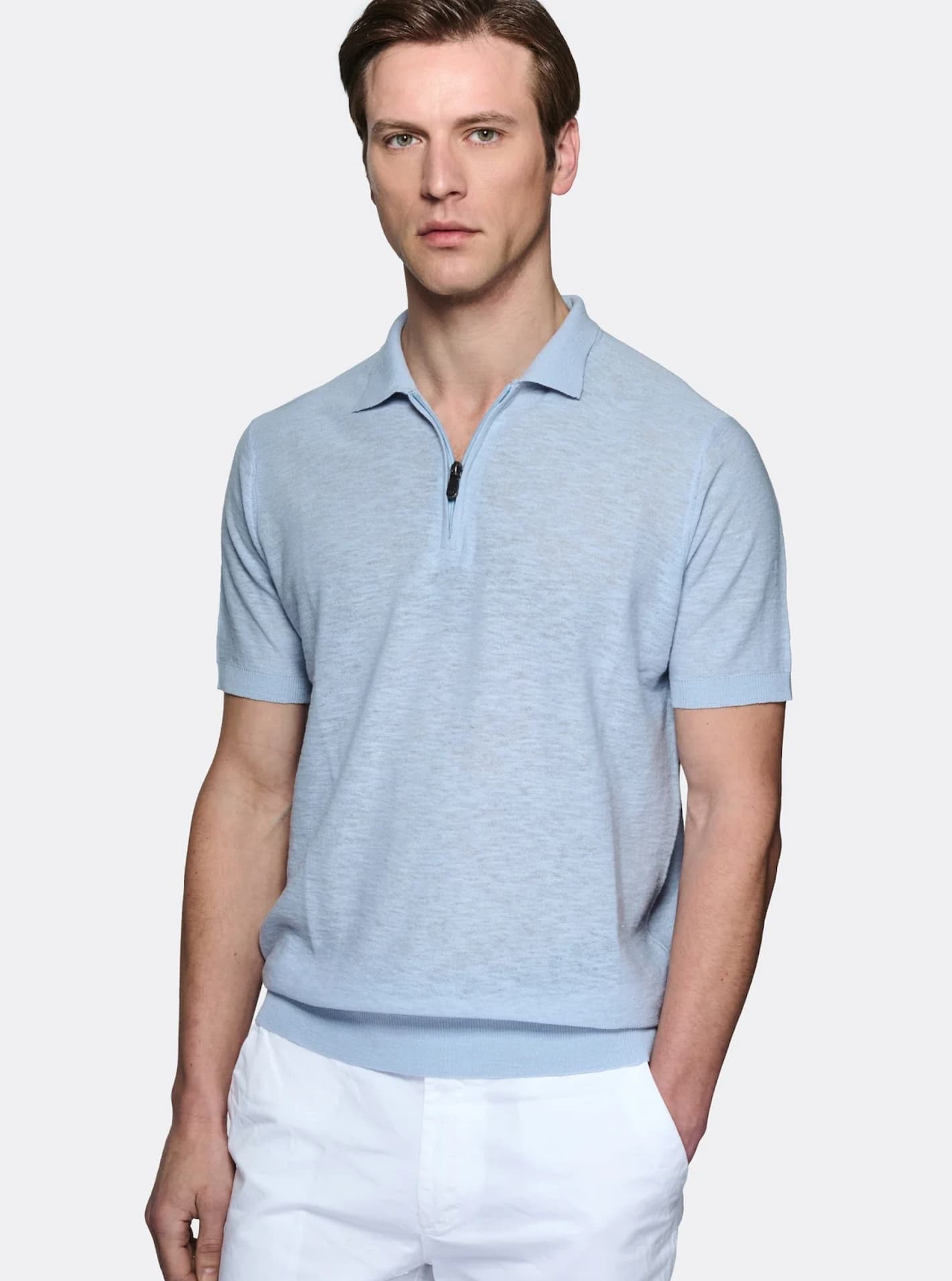 Polo in cotone e lino con zip