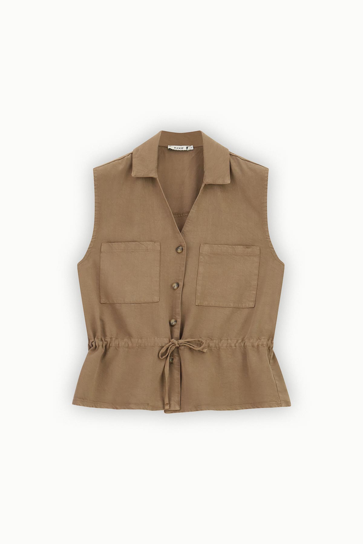 Brown sleeveless button-up utility vest with collar, front patch pockets and drawstring waist, flat-lay on white background