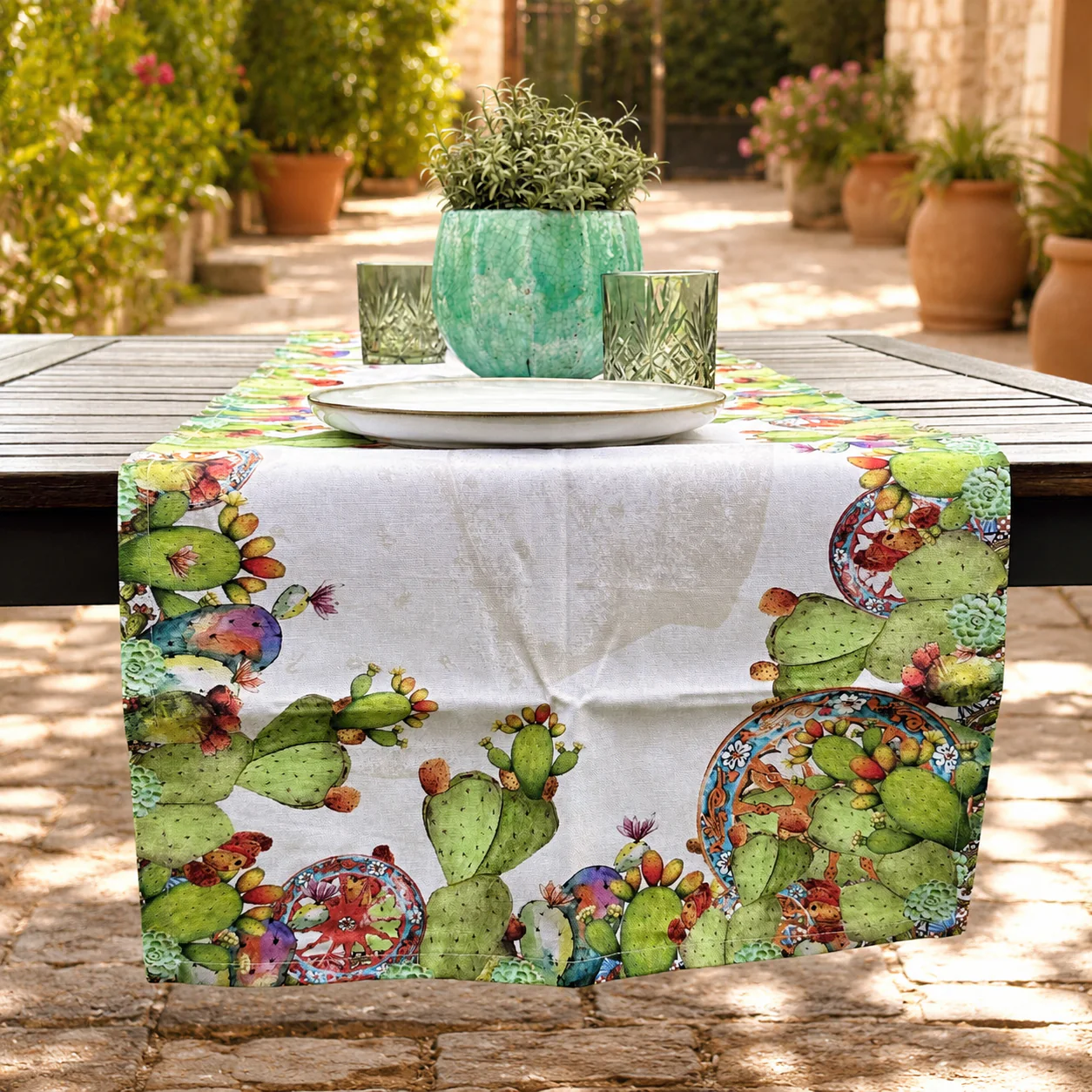 Image of Runner in Puro Cotone Fantasia <BR>Cactus - <B>Ruota Carretto Siciliano