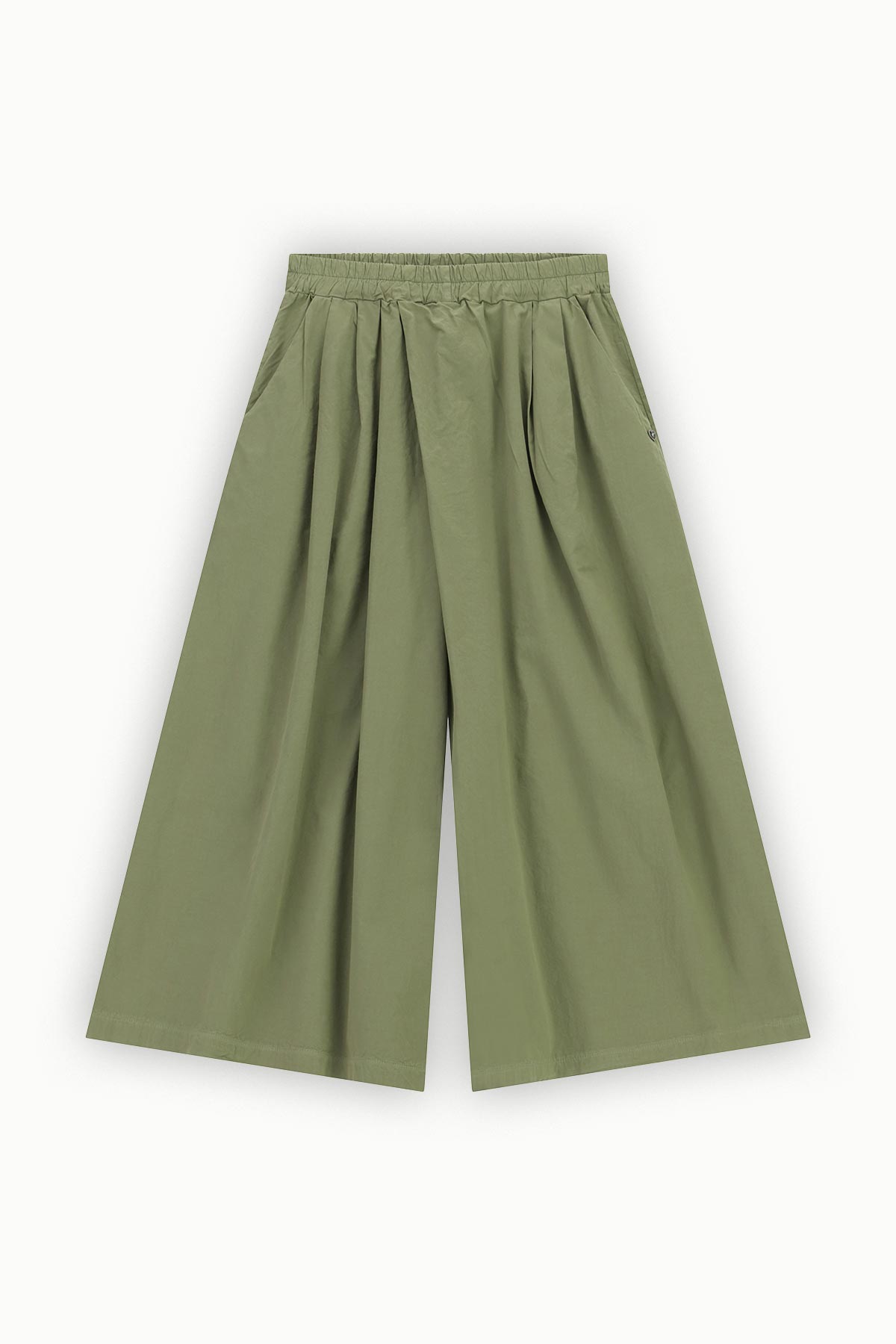 Olive green wide-leg culotte trousers with elasticated waistband and front pleats on white background