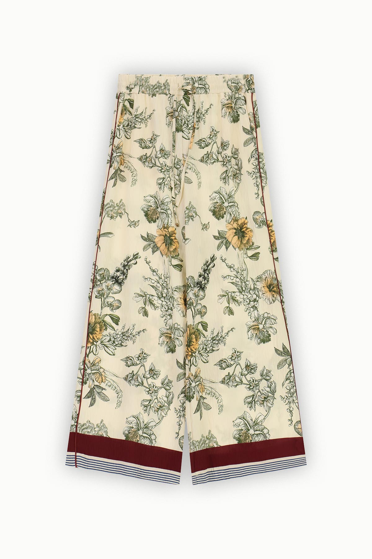 Cream wide-leg trousers with green botanical and yellow floral print, burgundy hem bands and blue-striped trim