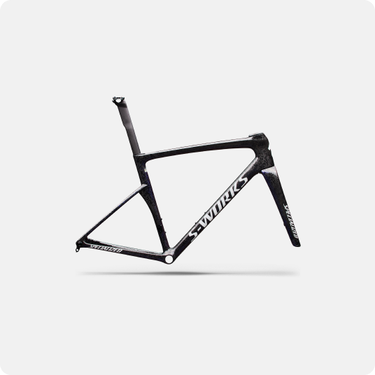 Black S-Works carbon road bike frame with integrated fork and seatpost, aerodynamic racing design on white background