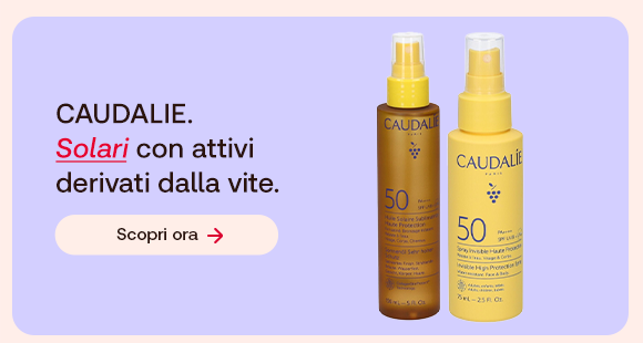 &ldquo;Due prodotti solari Caudalie SPF 50 su sfondo lilla. Testo: &lsquo;CAUDALIE. Solari con attivi derivati dalla vite&rsquo; con pulsante &lsquo;Scopri ora&rsquo;.&rdquo;