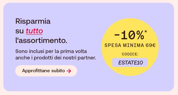 &ldquo;Banner promozionale con testo: &lsquo;Risparmia su tutto l&rsquo;assortimento. Sono inclusi per la prima volta anche i prodotti dei nostri partner&rsquo;. Offerta -10% su spesa minima 69&euro; con codice ESTATE10 e pulsante &lsquo;Approfittane subito&rsquo;.&rdquo;