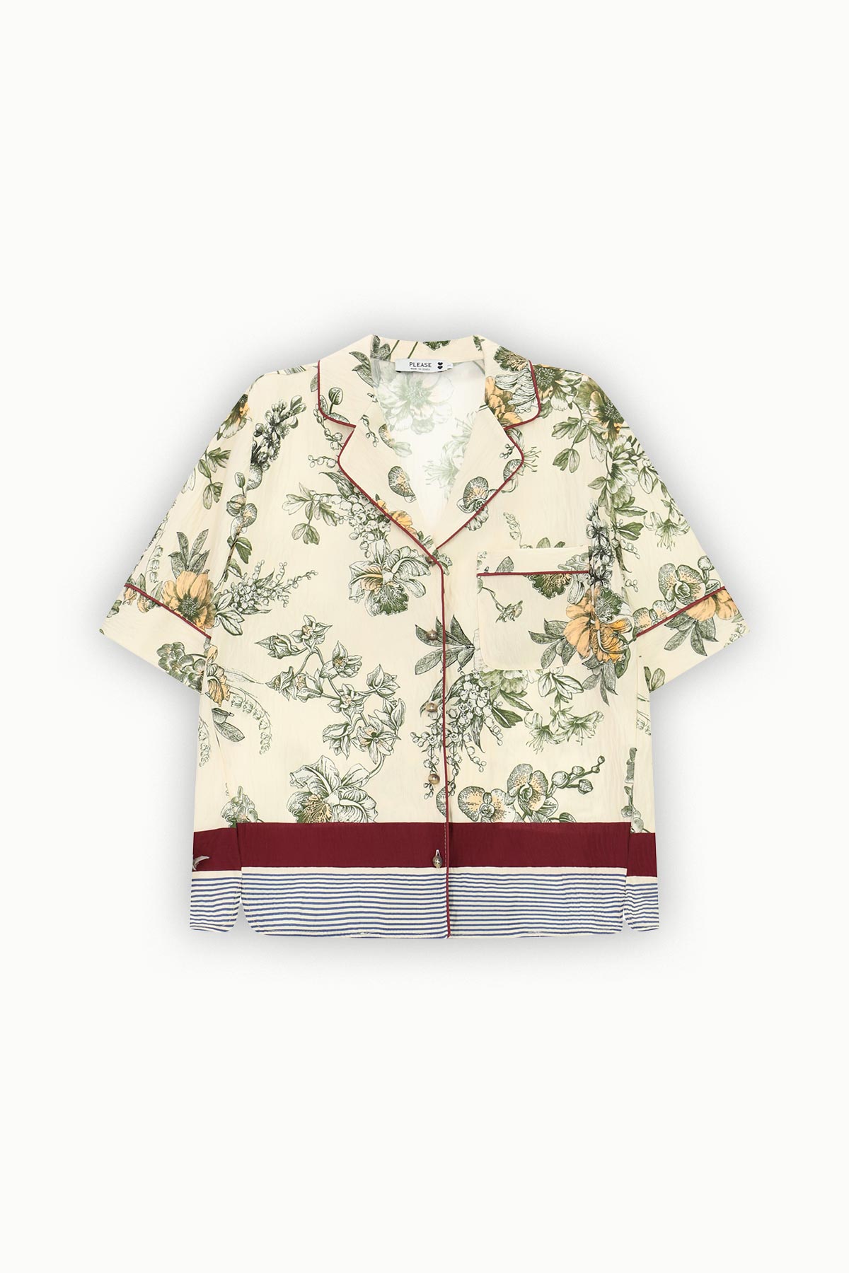 Cream short-sleeve floral button-down pajama top with green botanical print, burgundy piping and striped hem
