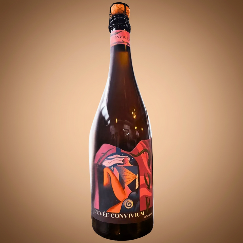 A bottle of Cuvée Convivium beer with a colorful, artistic label.
