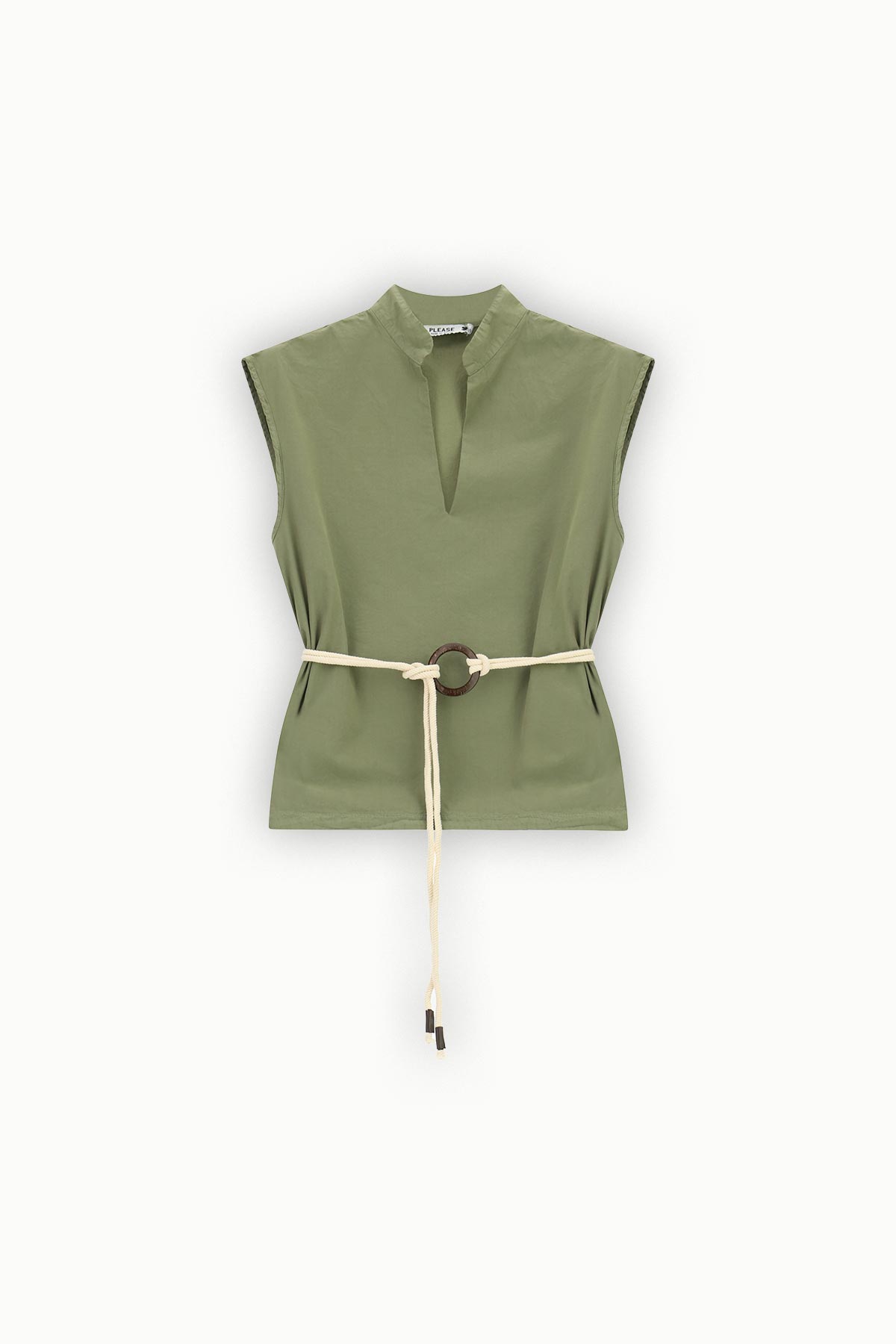 Olive-green sleeveless women's top with notched collar and cream rope belt with wooden ring — casual summer blouse