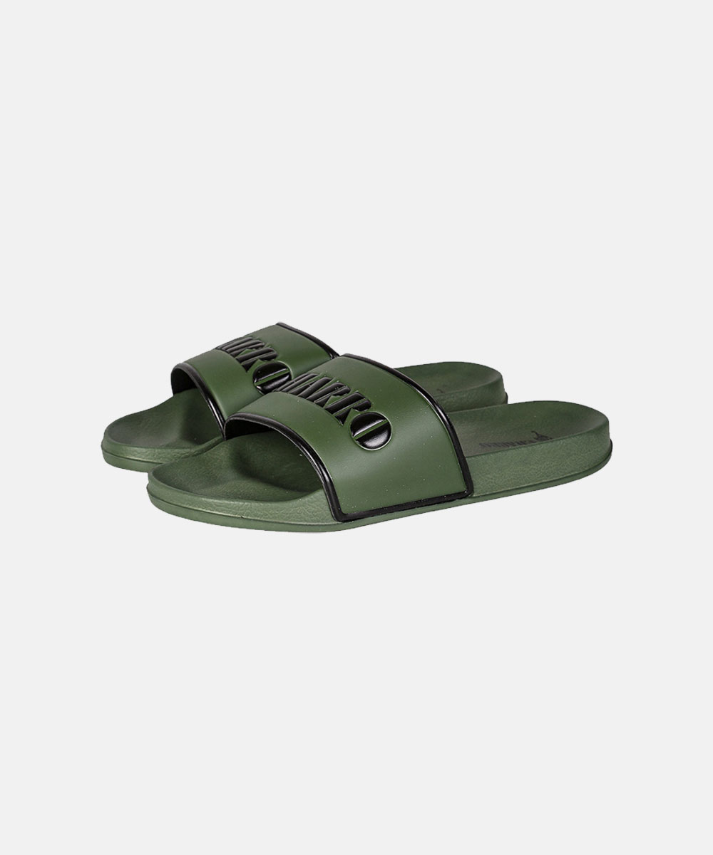 Pair of olive-green rubber slide sandals with black trim and embossed logo on wide straps, side view on white background