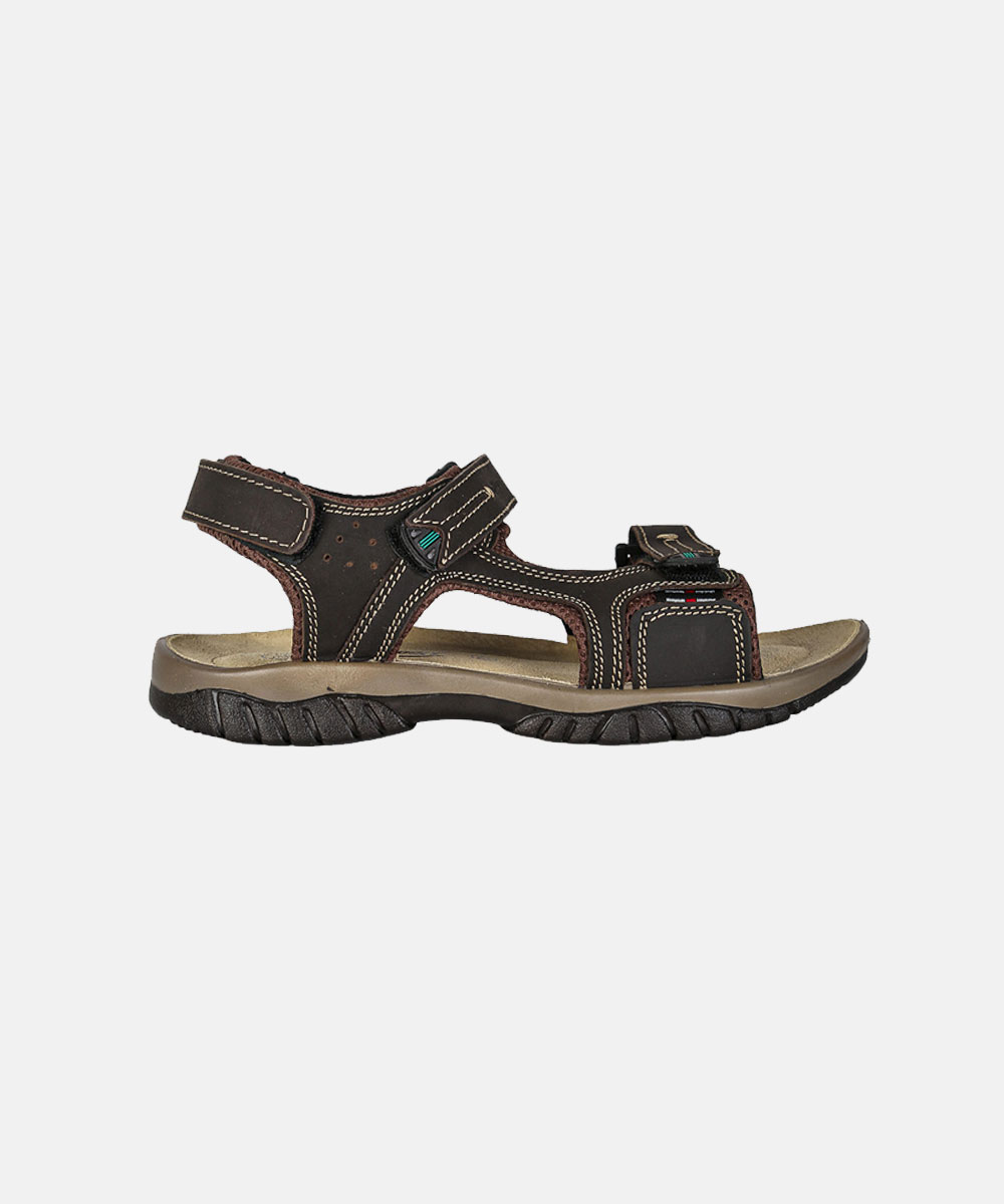 Brown men's leather outdoor sandal with adjustable Velcro straps, cushioned footbed and rugged rubber sole, side view