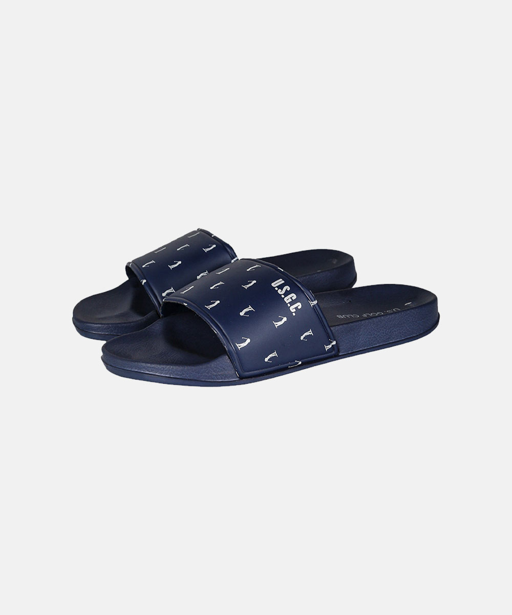 Men's navy slide sandals with USGA logo and small golf-flag icons, cushioned contoured footbed