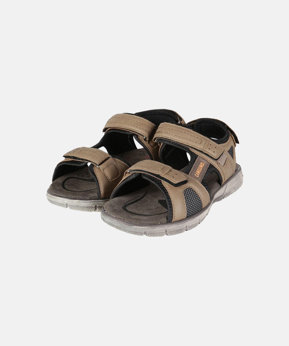 Brown men's casual outdoor sandals with three adjustable Velcro straps, cushioned contoured footbed and textured rubber sole