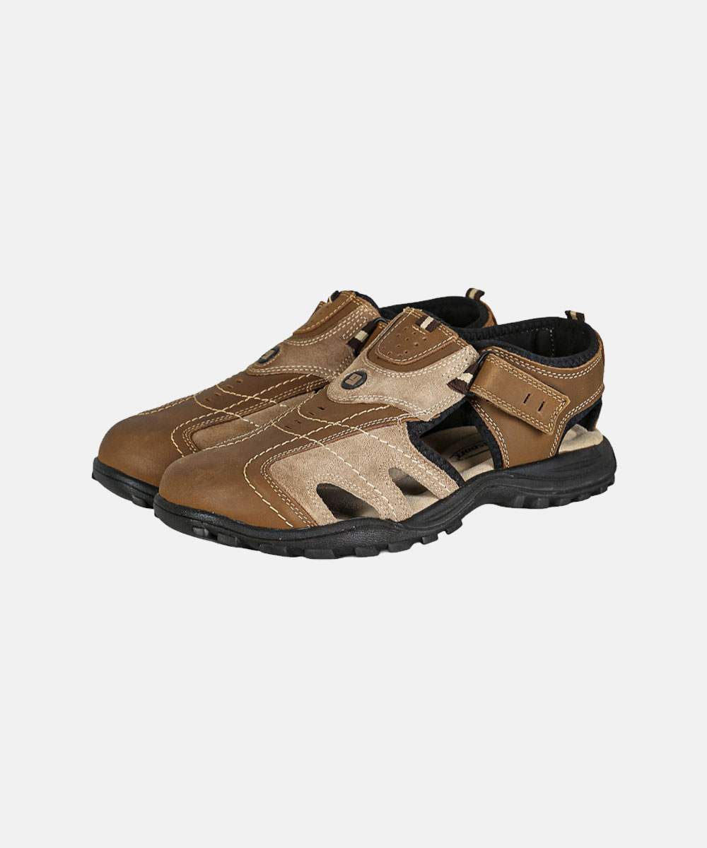 Brown leather men's closed-toe sports sandals with beige panels, adjustable hook-and-loop strap and black rubber sole
