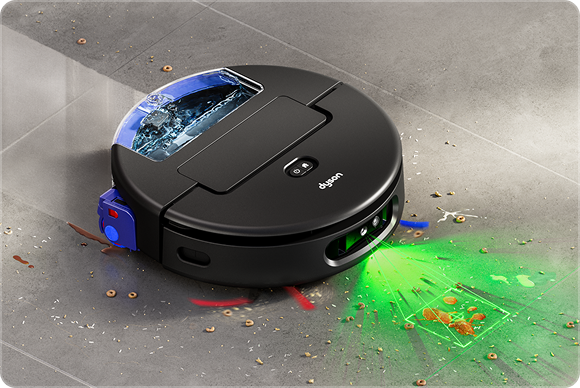 Dyson Spot+Scrub Ai robot vacuum detects and cleans spills and stains from a hard floor.