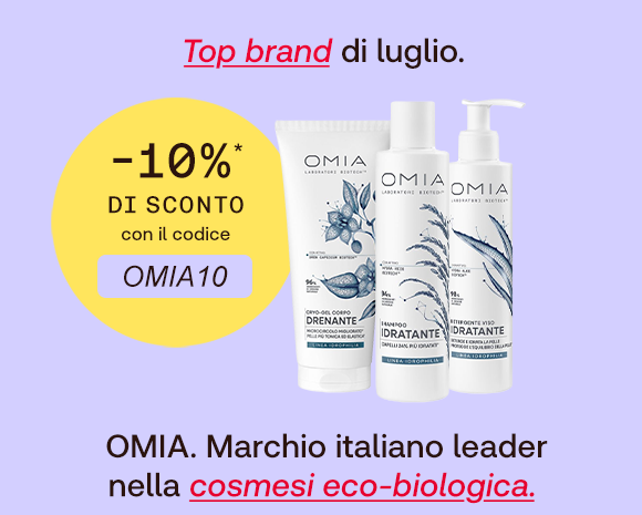 “Prodotti OMIA per la cura di corpo e capelli su sfondo lilla. Testo: ‘Top brand di luglio’. Offerta -10% con codice OMIA10. Slogan: ‘OMIA. Marchio italiano leader nella cosmesi eco-biologica’.” “Prodotti OMIA per la cura di corpo e capelli su sfondo lilla. Testo: ‘Top brand di luglio’. Offerta -10% con codice OMIA10. Slogan: ‘OMIA. Marchio italiano leader nella cosmesi eco-biologica’.”