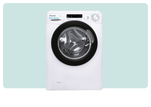 Front-loading white washing machine with circular glass door, digital display and control dial on pale teal background