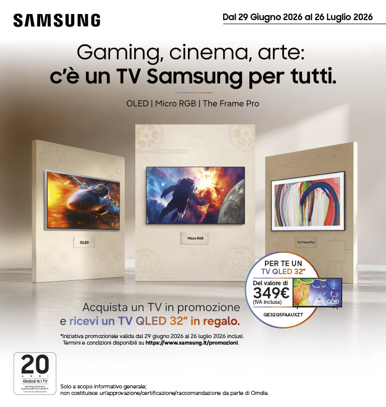 Samsung promotional banner showing three TVs (OLED, Micro RGB, The Frame Pro) displaying gaming, space and art scenes, advertising a free 32" QLED with purchase