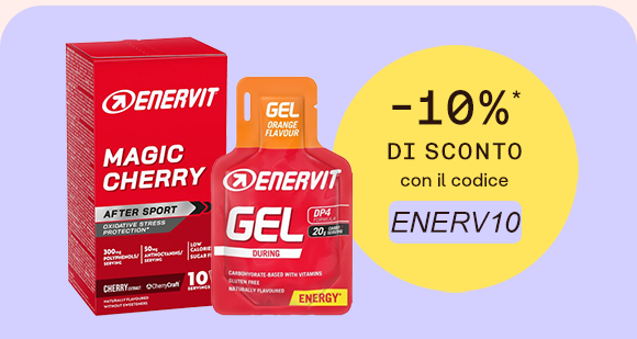 “Prodotti Enervit Magic Cherry e Enervit Gel su sfondo lilla. Offerta -10% con codice ENERV10. In evidenza i prodotti per il recupero e l'energia durante l'attività sportiva.” “Prodotti Enervit Magic Cherry e Enervit Gel su sfondo lilla. Offerta -10% con codice ENERV10. In evidenza i prodotti per il recupero e l'energia durante l'attività sportiva.”