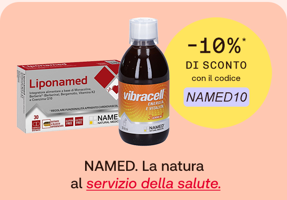 “Prodotti Named Liponamed e Vibracell su sfondo rosa. Testo: ‘NAMED. La natura al servizio della salute’. Offerta -10% con codice NAMED10.” “Prodotti Named Liponamed e Vibracell su sfondo rosa. Testo: ‘NAMED. La natura al servizio della salute’. Offerta -10% con codice NAMED10.”