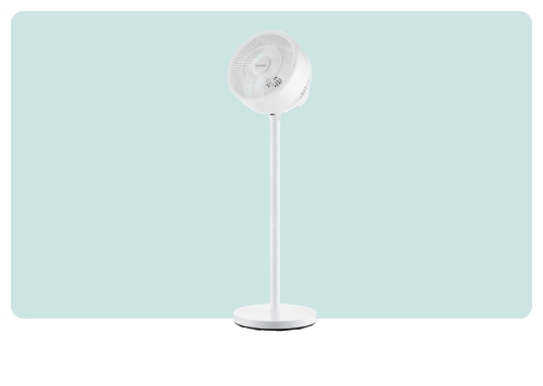 White oscillating pedestal fan with circular grille on slim adjustable stand against pale teal background