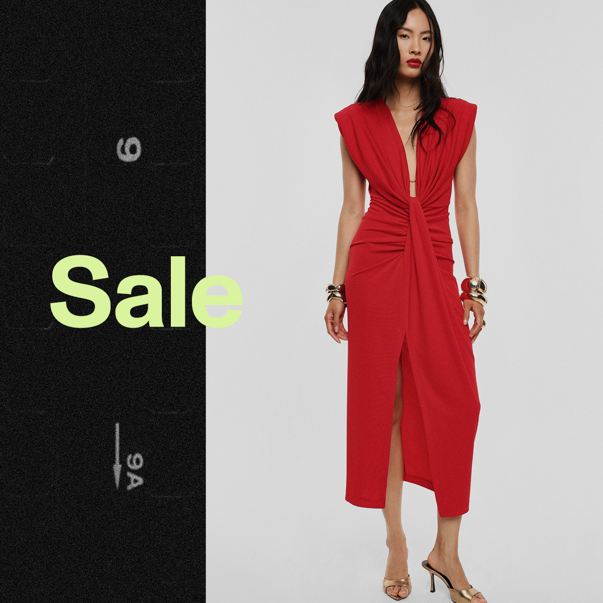 Woman wearing red twist-front midi dress with deep V-neck and front slit, gold bangles and heels, large "Sale" text on left