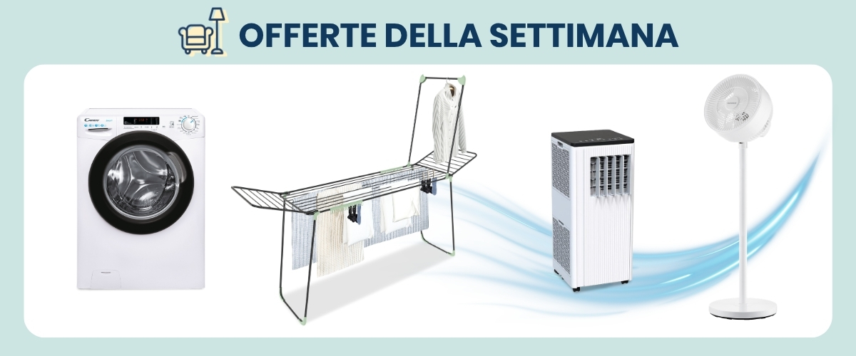 Weekly offers banner displaying a washing machine, foldable clothes airer with drying laundry, portable air cooler and a white pedestal fan