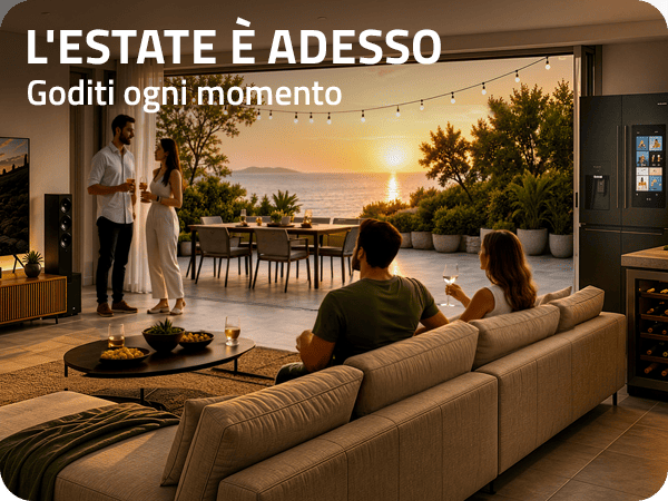 Four friends enjoying sunset in a modern open-plan living room and terrace with outdoor dining, string lights and sea view