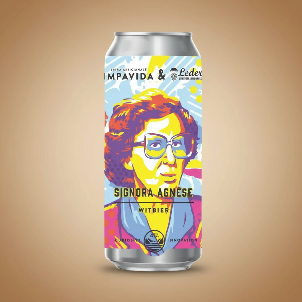 A beer can with a colorful portrait of Signora Agnese and the text "Signora Agnese Witbier".