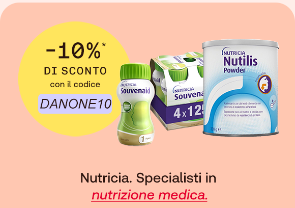 “Prodotti Nutricia Souvenaid e Nutridrink Powder su sfondo rosa. Testo: ‘Nutricia. Specialisti in nutrizione medica’. Offerta -10% con codice DANONE10.” “Prodotti Nutricia Souvenaid e Nutridrink Powder su sfondo rosa. Testo: ‘Nutricia. Specialisti in nutrizione medica’. Offerta -10% con codice DANONE10.”