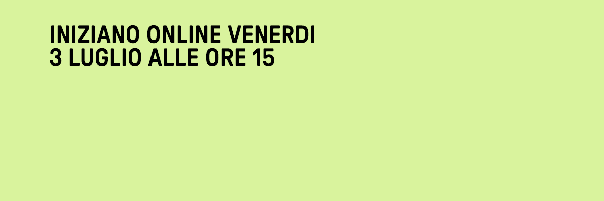 Bold black text on pale green background reading in Italian that online sessions start Friday 3 July at 15:00